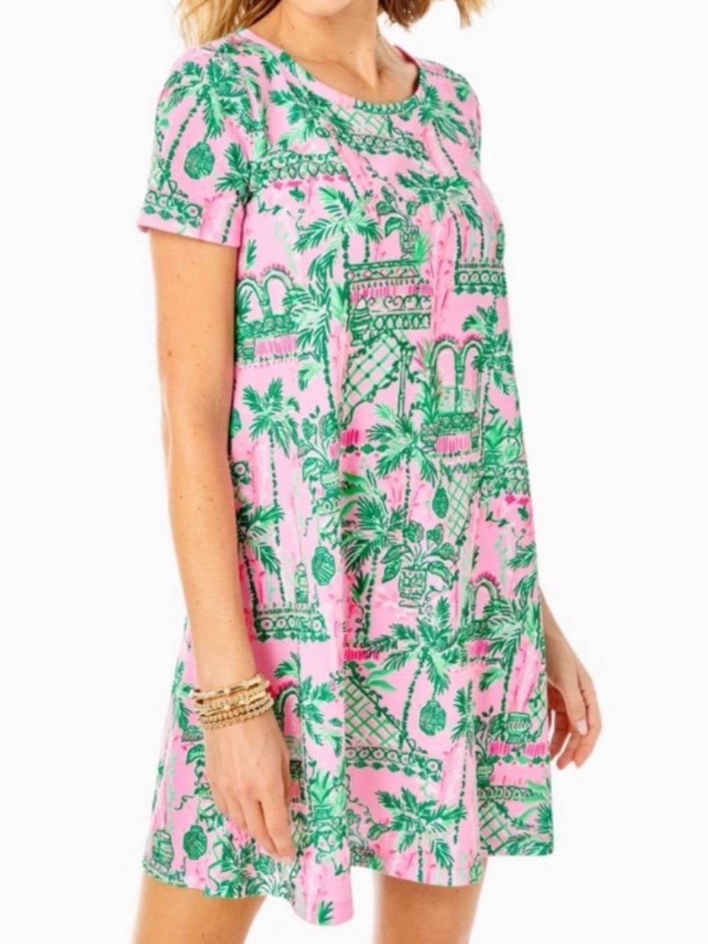 Lilly Pulitzer Cody Pink Tropical Palm Print Short Sleeve Mini Dress